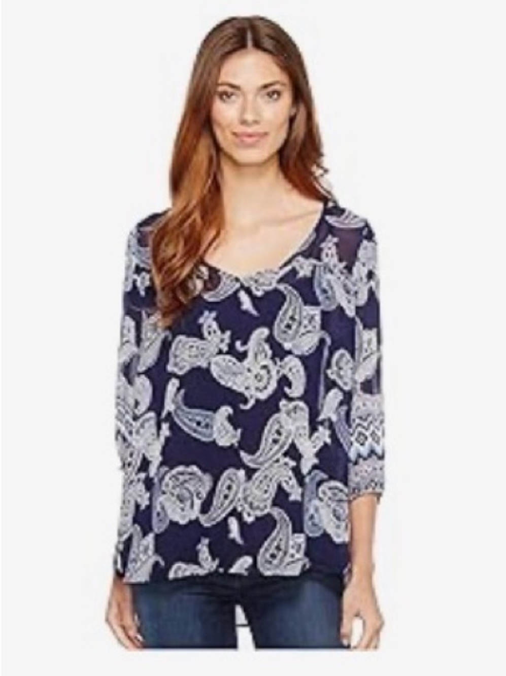 Stetson Navy Paisley V-Neck 3/4 Sleeve Sheer Blouse Boho Western Women's Top